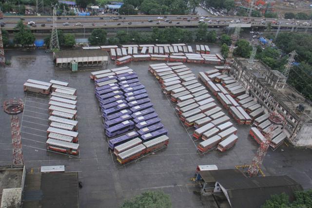 BEST buses stayed parked inside the Magathane depot in Borivli on Monday. (Pramod Thakur/ HT)