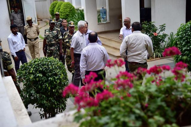 Income-Tax officials conduct a search on the premises of Karnataka Energy Minister DK Shivakumar, in Bengaluru on August 3, 2017. (PTI) Income-Tax officials conduct a search on the premises of Karnataka Energy Minister DK Shivakumar, in Bengaluru on August 3, 2017. (PTI)