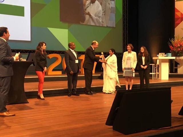 Bengal chief minister Mamata Banerjee receiving the UN award for Kanyashree in The Hague on June 23, 2017. (Facebook) Bengal chief minister Mamata Banerjee receiving the UN award for Kanyashree in The Hague on June 23, 2017. (Facebook)