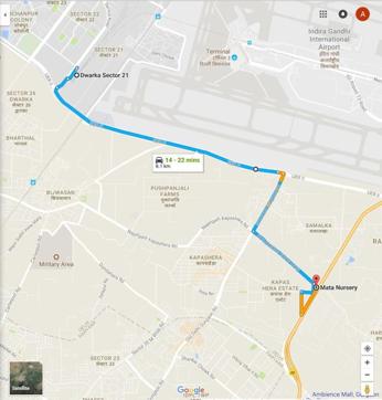 A route map of the Dwarka-Gurgaon drive.