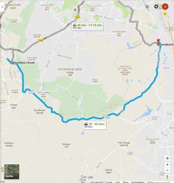 A route map of the Gurgaon-Faridabad drive.