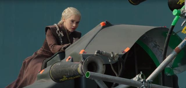 Emilia Clarke riding a make-shift Drogon for Game of Thrones’ Loot Train Attack.