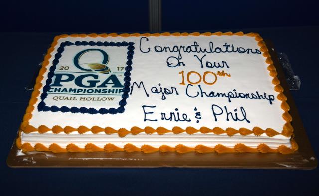 Phil Mickelson of the United States and Ernie Els of South Africa celebrate their 100th major during a press conference prior to the 2017 PGA Championship. (AFP) Phil Mickelson of the United States and Ernie Els of South Africa celebrate their 100th major during a press conference prior to the 2017 PGA Championship. (AFP)