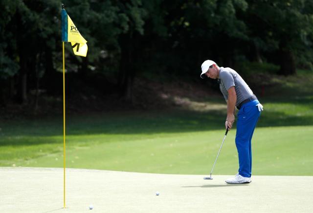 Rory McIlroy of Northern Ireland putts during a practice round prior to the 2017 US PGA Championship at Quail Hollow Club on Wednesday. (AFP)