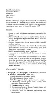 The open letter by single tenants of Pilot Court, Essel Tower, Gurgaon.
