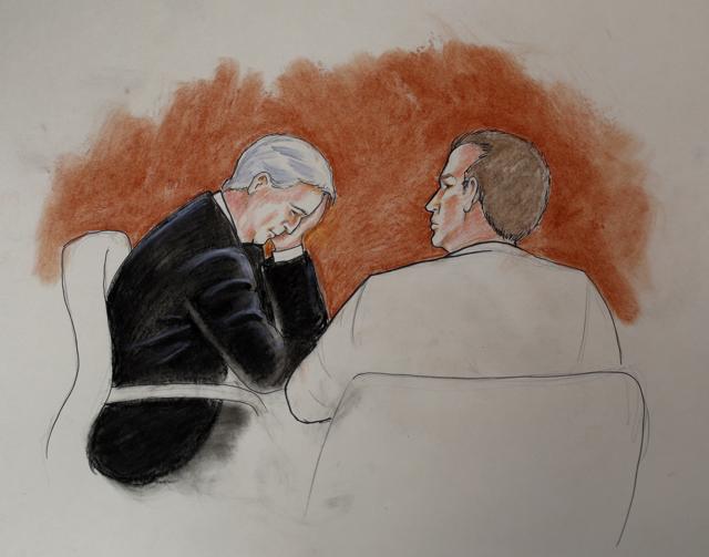In this courtroom sketch, defendant David Mueller, a former radio DJ, left, sits with his attorney during a trial Thursday, Aug. 10, 2017, in Denver. (AP) In this courtroom sketch, defendant David Mueller, a former radio DJ, left, sits with his attorney during a trial Thursday, Aug. 10, 2017, in Denver. (AP)
