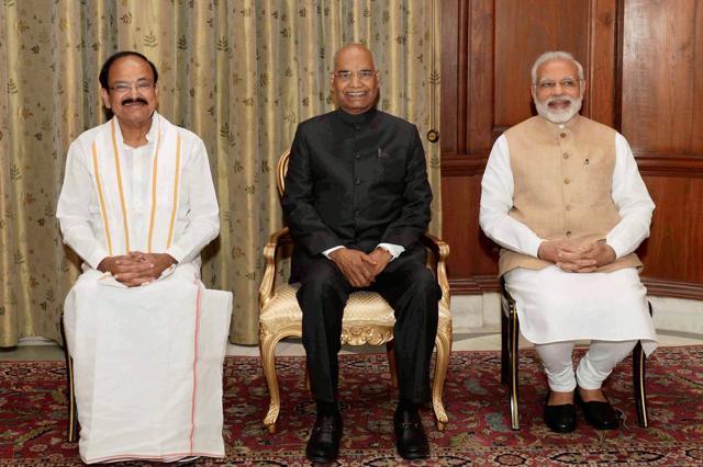 President Ram Nath Kovind with Prime Minister Narendra Modi during the swearing-in ceremony of Vice-President Venkaiah Naidu at Rashtrapati Bhavan in New Delhi on Friday. (PTI Photo) President Ram Nath Kovind with Prime Minister Narendra Modi during the swearing-in ceremony of Vice-President Venkaiah Naidu at Rashtrapati Bhavan in New Delhi on Friday. (PTI Photo)