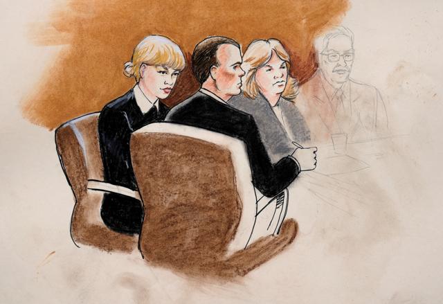 A sketch of Taylor Swift and her attorneys in Denver Federal Court during the Swift groping trial in Denver. (REUTERS)
