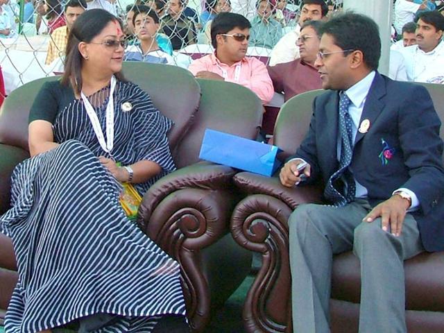 A file photo of Rajasthan chief minister Vasundhara Raje and Lalit Modi (R) at an IPL match in Jaipur. (HT Photo) A file photo of Rajasthan chief minister Vasundhara Raje and Lalit Modi (R) at an IPL match in Jaipur. (HT Photo)
