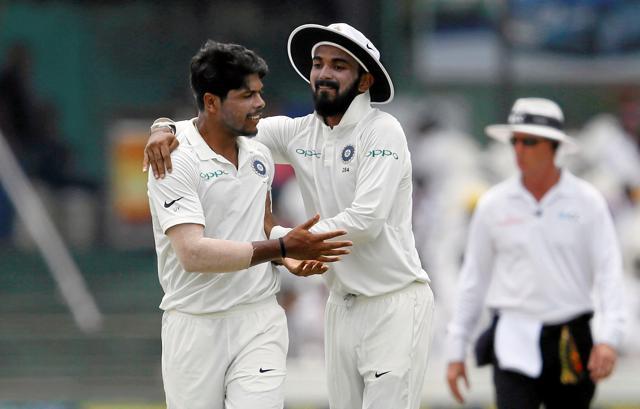 India's Umesh Yadav celebrates with his teammate Lokesh Rahul after taking the wicket of Sri Lanka's Upul Tharanga. (REUTERS) India's Umesh Yadav celebrates with his teammate Lokesh Rahul after taking the wicket of Sri Lanka's Upul Tharanga. (REUTERS)