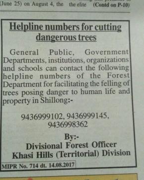 The advertisement announcing the helplines for cutting trees. The advertisement announcing the helplines for cutting trees.
