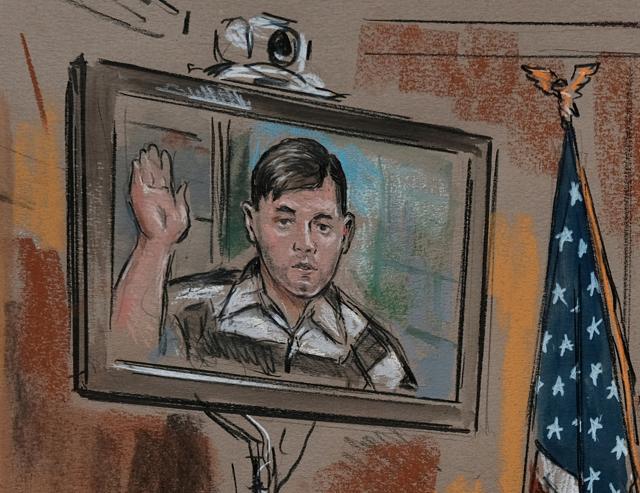 James Alex Fields Jr. is seen via video link from jail as he appears before Judge Robert Downer and Commonwealth attorneys Nina-Alice Antony and Warner Chapman in an artists rendering of his bail hearing at the Charlottesville City Court in Charlottesville, Virginia, August 14, 2017. F (REUTERS) James Alex Fields Jr. is seen via video link from jail as he appears before Judge Robert Downer and Commonwealth attorneys Nina-Alice Antony and Warner Chapman in an artists rendering of his bail hearing at the Charlottesville City Court in Charlottesville, Virginia, August 14, 2017. F (REUTERS)
