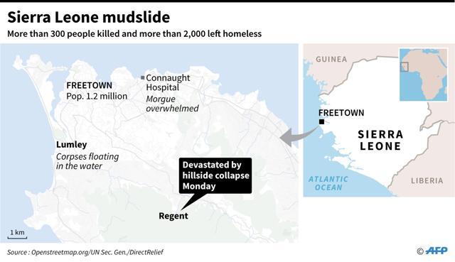 Close-up map of Freetown, hit by massive flooding which has left hundreds of people dead. (AFP)