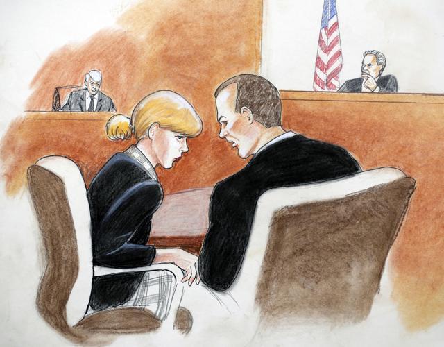 FILE - In this Tuesday, Aug. 8, 2017 file courtroom sketch, pop singer Taylor Swift, front left, confers with her attorney as David Mueller, back left, and the judge look on during a civil trial in federal court in Denver. (Jeff Kandyba via AP, File) (AP) FILE - In this Tuesday, Aug. 8, 2017 file courtroom sketch, pop singer Taylor Swift, front left, confers with her attorney as David Mueller, back left, and the judge look on during a civil trial in federal court in Denver. (Jeff Kandyba via AP, File) (AP)