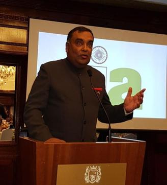 Indian high commissioner YK Sinha speaking at the 70th anniversary event of the Indian Journalists Association in London on Tuesday. (HT Photo)