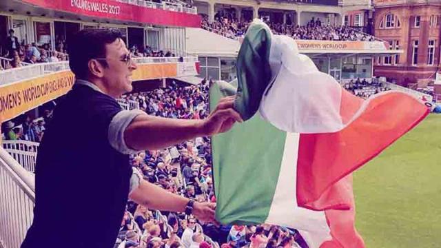 Akshay Kumar waves the national flag at the Women’s World Cup Final. Akshay Kumar waves the national flag at the Women’s World Cup Final.