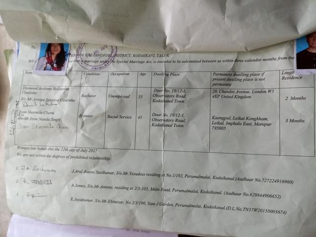 The marriage certificate of activist Irom Sharmila and her long-time partner, British citizen Desmond Coutinha. (HT Photo) The marriage certificate of activist Irom Sharmila and her long-time partner, British citizen Desmond Coutinha. (HT Photo)