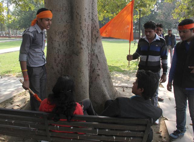 Bajrang Dal activists threatening a couple at Begum Hazrat Mahal Park on Valentine's Day 2015 in Lucknow. (Sudhanshu Kumar/Hindustan Times) Bajrang Dal activists threatening a couple at Begum Hazrat Mahal Park on Valentine's Day 2015 in Lucknow. (Sudhanshu Kumar/Hindustan Times)
