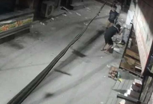 A grab from CCTV footage shows one of the men killing the dog with a stone. A grab from CCTV footage shows one of the men killing the dog with a stone.