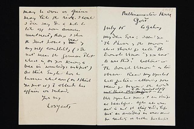 Letter by William Butler Yeats to poet Ezra Pound, dated 15 July 1918. (Wikimedia Commons) Letter by William Butler Yeats to poet Ezra Pound, dated 15 July 1918. (Wikimedia Commons)