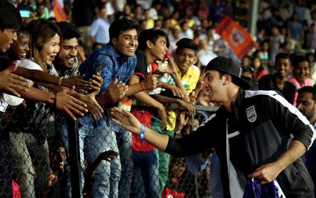 Ranbir Kapoor, actor and co-owner Mumbai City FC meeting fans during the Indian Super League (ISL) season 3 match between Mumbai City FC and FC Pune City in Mumbai. (PTI) Ranbir Kapoor, actor and co-owner Mumbai City FC meeting fans during the Indian Super League (ISL) season 3 match between Mumbai City FC and FC Pune City in Mumbai. (PTI)