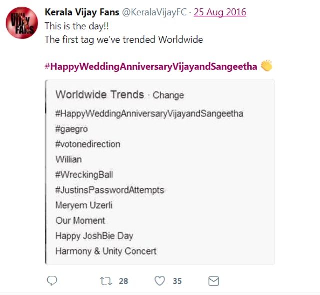 The #HappyWeddingAnniversaryVijayandSangeetha hashtag, a joint effort by the Vijay brigade, topped worldwide trends on Twitter and was cause for jubilation among fans. The #HappyWeddingAnniversaryVijayandSangeetha hashtag, a joint effort by the Vijay brigade, topped worldwide trends on Twitter and was cause for jubilation among fans.