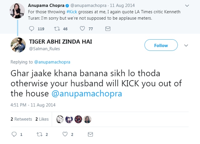 Raviraj’s jibe at Anupama Chopra. Chopra is one of several critics viciously trolled for doing their job. Raviraj’s jibe at Anupama Chopra. Chopra is one of several critics viciously trolled for doing their job.