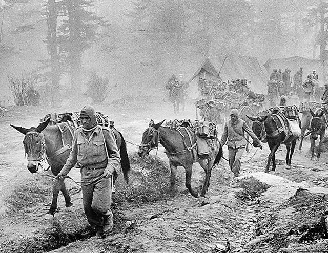 Mules carry ammunition over a mountain pass during the war between China and India. (The LIFE Picture Collection/Getty Images) Mules carry ammunition over a mountain pass during the war between China and India. (The LIFE Picture Collection/Getty Images)