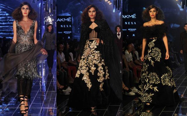 The collection was all about glamour, with monochromes ruling the palette. (Pramod Thakur/ HT Photo) The collection was all about glamour, with monochromes ruling the palette. (Pramod Thakur/ HT Photo)