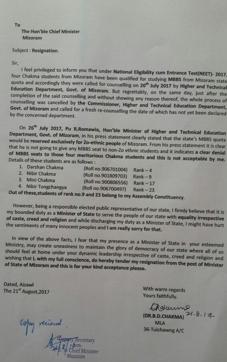 Buddha Dhan Chakma’s resignation letter. (HT photo) Buddha Dhan Chakma’s resignation letter. (HT photo)