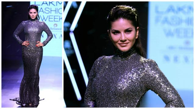 Sunny Leone showcases a creation by designer Splash.