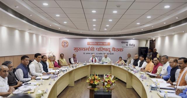 New Delhi: Prime Minister Narendra Modi, BJP president Amit Shah and Union ministers Rajnath Singh and Sushma Swaraj and other leaders at the party's Mukhyamatri Parishad Baithak (meeting of chief ministers of BJP-ruled states) in New Delhi on Monday. (PTI) New Delhi: Prime Minister Narendra Modi, BJP president Amit Shah and Union ministers Rajnath Singh and Sushma Swaraj and other leaders at the party's Mukhyamatri Parishad Baithak (meeting of chief ministers of BJP-ruled states) in New Delhi on Monday. (PTI)