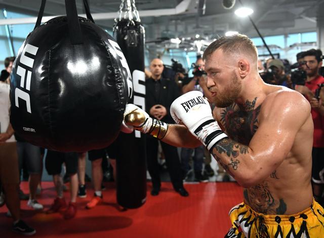 UFC lightweight champion Conor McGregor during a media workout on August 11, 2017 in Las Vegas, Nevada. McGregor will fight Floyd Mayweather Jr. in a boxing match at T-Mobile Arena on August 26 in Las Vegas. (AFP) UFC lightweight champion Conor McGregor during a media workout on August 11, 2017 in Las Vegas, Nevada. McGregor will fight Floyd Mayweather Jr. in a boxing match at T-Mobile Arena on August 26 in Las Vegas. (AFP)