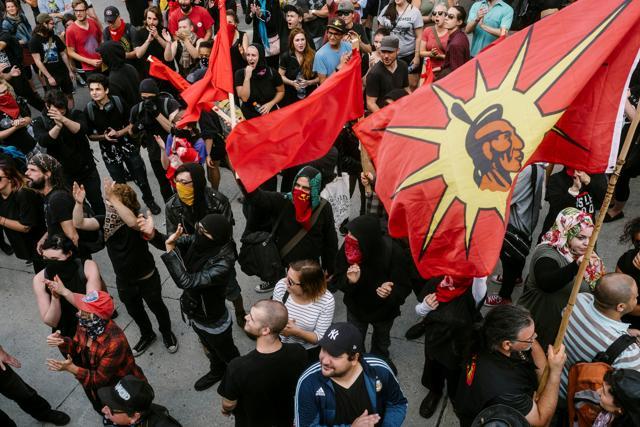 Counter-protesters assemble during a march by supporters of La Meute in Quebec City to demand stronger border controls in Canada on August 20, 2017. (Reuters) Counter-protesters assemble during a march by supporters of La Meute in Quebec City to demand stronger border controls in Canada on August 20, 2017. (Reuters)