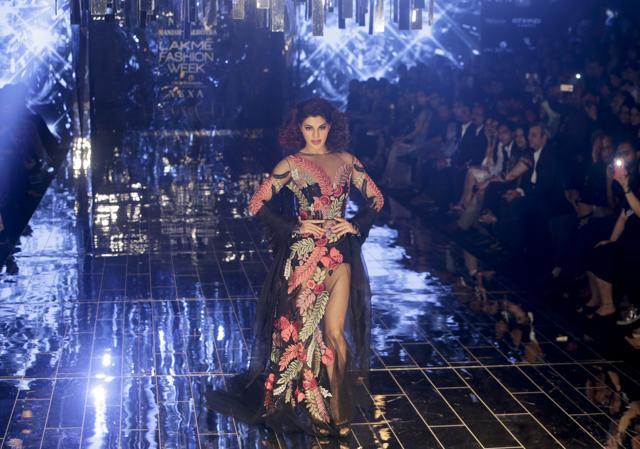 Jacqueline Fernandez displays a creation by Manish Malhotra. (AP)