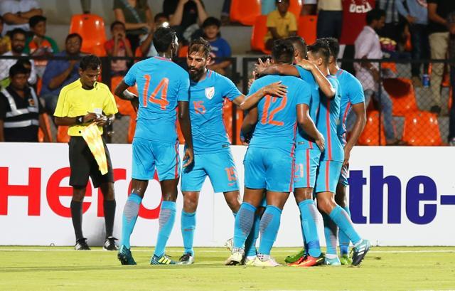 Indian footballers celebrate after defeating St Kitts and Nevis. (AIFF)