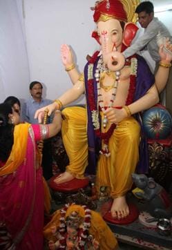 The idol at the Ganapati Utsav at Netaji Subhash Place ground is a replica of Mumbai’s famous Lalbaugcha Raja.