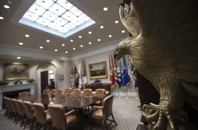 A statue of an eagle is seen in the newly renovated Roosevelt Room of the White House in Washington. (AP Photo) A statue of an eagle is seen in the newly renovated Roosevelt Room of the White House in Washington. (AP Photo)