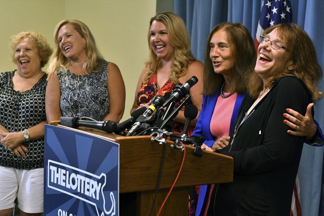 Mavis Wanczyk, right, of Chicopee, Mass, laughs beside state treasurer Deb Goldberg during a news conference where she claimed the $758.7 million Powerball prize at Massachusetts State Lottery headquarters, Thursday, in Braintree, Mass. (AP Photo) Mavis Wanczyk, right, of Chicopee, Mass, laughs beside state treasurer Deb Goldberg during a news conference where she claimed the $758.7 million Powerball prize at Massachusetts State Lottery headquarters, Thursday, in Braintree, Mass. (AP Photo)