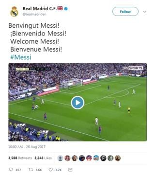 The hackers trolled Real Madrid with a video of Lionel Messi’s goal from last year’s El Clasico at Santiago Bernabeu. (Twitter screenshot)