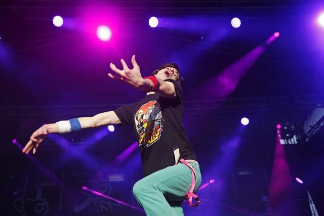 Winner Matt "Airistotle" Burns of the US performs during the final of the Air Guitar World Championships on August 25, 2017. (Reuters)