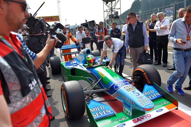 Mick Schumacher, German racing driver and son of seven-time Formula One champion Michael Schumacher, sits inside a Benetton B194 car before driving demonstration laps. (AFP) Mick Schumacher, German racing driver and son of seven-time Formula One champion Michael Schumacher, sits inside a Benetton B194 car before driving demonstration laps. (AFP)