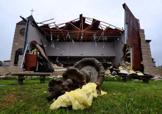 Damage to the First Baptist Church of Rockport after Hurricane Harvey hit Rockport, Texas on Saturday. (AFP Photo)
