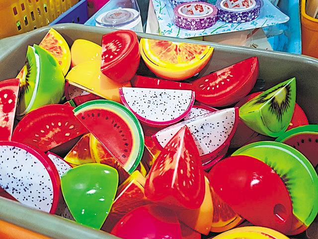 Fruit-shaped sharpners anyone? Five of them cost Rs 100; STALL 12-01 J. (Henna Rakheja/HT Photo) Fruit-shaped sharpners anyone? Five of them cost Rs 100; STALL 12-01 J. (Henna Rakheja/HT Photo)