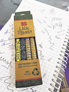 A pack of four pens that are made from recycled paper, costs Rs 100; STALL 12-01 N. (Henna Rakheja/HT Photo) A pack of four pens that are made from recycled paper, costs Rs 100; STALL 12-01 N. (Henna Rakheja/HT Photo)