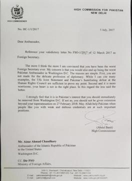 Screengrab of the letter purportedly written by Pakistan’s former envoy to India, Abdul Basit, criticising the country’s former foreign secretary Aizaz Ahmad Chaudhry. (Twitter)