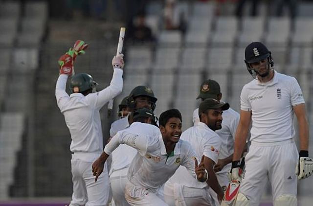 October 30, 2016: Bangladesh cricket team’s Mehedi Hasan (C) celebrates with teammates after scalping England cricket team’s last wicket to complete a historic win on the third day of the second Test at the Sher-e-Bangla National Cricket Stadium in Dhaka. (Getty Images) October 30, 2016: Bangladesh cricket team’s Mehedi Hasan (C) celebrates with teammates after scalping England cricket team’s last wicket to complete a historic win on the third day of the second Test at the Sher-e-Bangla National Cricket Stadium in Dhaka. (Getty Images)