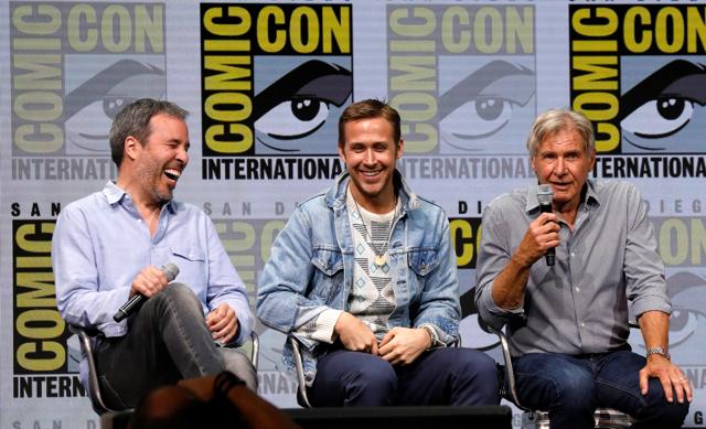 Director of the movie Denis Villeneuve (L) and cast members Ryan Gosling (C) and Harrison Ford participate in a panel for Blade Runner 2049 during the 2017 Comic-Con International Convention in San Diego. (REUTERS)