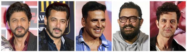 Shah Rukh Khan, Salman Khan, Akshay Kumar, Aamir Khan and Hrithik Roshan, who were named the top earning Bollywood actors by Forbes magazine. (AP) Shah Rukh Khan, Salman Khan, Akshay Kumar, Aamir Khan and Hrithik Roshan, who were named the top earning Bollywood actors by Forbes magazine. (AP)