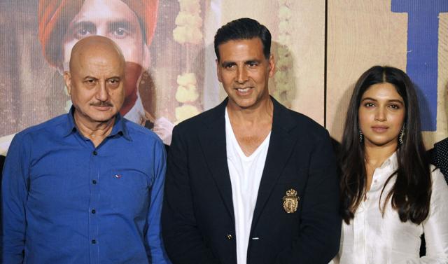 Anupam Kher (L), Akshay Kumar (C) and Bhumi Pednekar at a press conference for the Hindi film Toilet: Ek Prem Katha in Mumbai. (AFP) Anupam Kher (L), Akshay Kumar (C) and Bhumi Pednekar at a press conference for the Hindi film Toilet: Ek Prem Katha in Mumbai. (AFP)